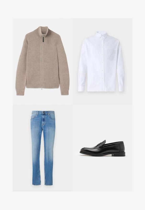 Beige knitted zip-up sweater with ribbed texture, high collar, and long sleeves. Features a metallic zipper and no additional patterns.; White long-sleeve button-up shirt made of cotton, featuring a chest pocket with tonal embroidery, a collar, and button cuffs.; Light blue jeans with a slight fade, made of denim. Features five pockets, a button and zipper closure, and straight leg design.; Black leather loafers with a smooth texture, rounded toe, and a decorative strap across the vamp. Low stacked heel, minimalist design.