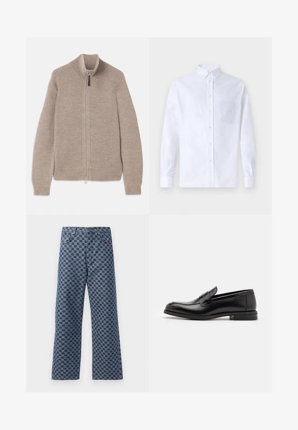 Beige kötött zipzáras pulóver bordás textúrával, magas nyakkal és hosszú ujjal. Fémzipzárral rendelkezik, és nincs rajta további minta.; Fehér, hosszú ujjú, gombos ing pamutból, mellzsebbel, tónusos hímzéssel, gallérral és gombos mandzsettával.; Kék farmernadrág, ismétlődő geometriai mintával, öt zsebbel, gombos záródással és bővülő lábszárral.; Fekete bőr loaferek sima textúrával, kerek orral és dekoratív pánttal a vampnál. Alacsony, rétegelt sarkú, minimalista dizájn.