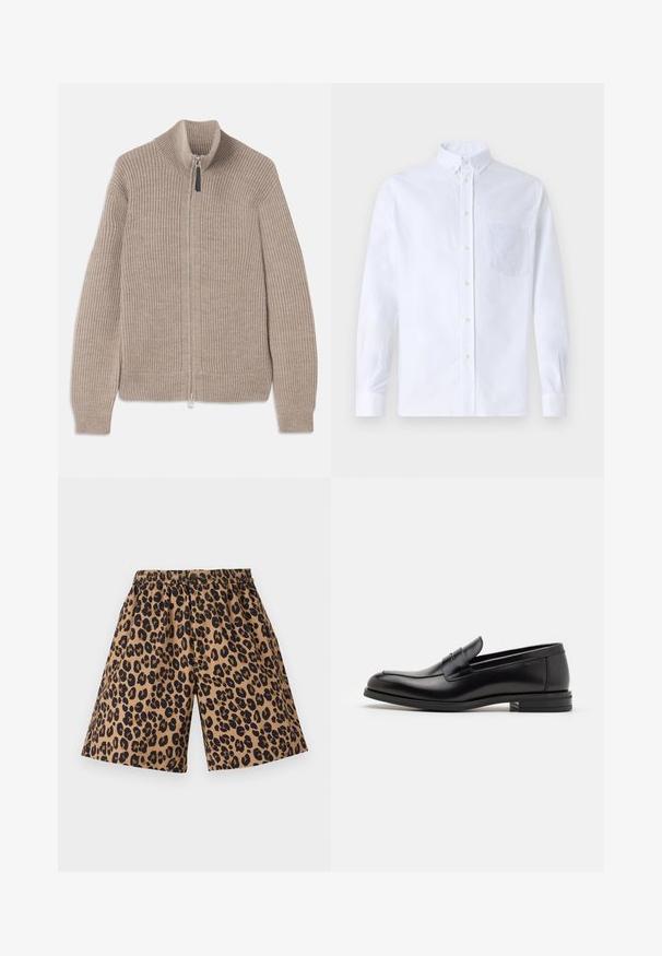 Beige gestrickter Reißverschluss-Pullover mit gerippter Textur, hohem Kragen und langen Ärmeln. Verfügt über einen metallischen Reißverschluss und keine weiteren Muster.; Weißes Langarm-Hemd mit Knöpfen aus Baumwolle, ausgestattet mit einer Brusttasche mit tonalem Stickerei, einem Kragen und Knopfmanschetten.; Braune Shorts mit einem schwarzen Leopardenmuster, ausgestattet mit einem elastischen Bund. Der Stoff wirkt glatt, mit einem lässigen, weiten Beinschnitt.; Schwarze Lederloafers mit glatter Textur, rundem Zehenbereich und einem dekorativen Riemen über dem Vorderfuß. Niedriger, gestapelter Absatz, minimalistisches Design.