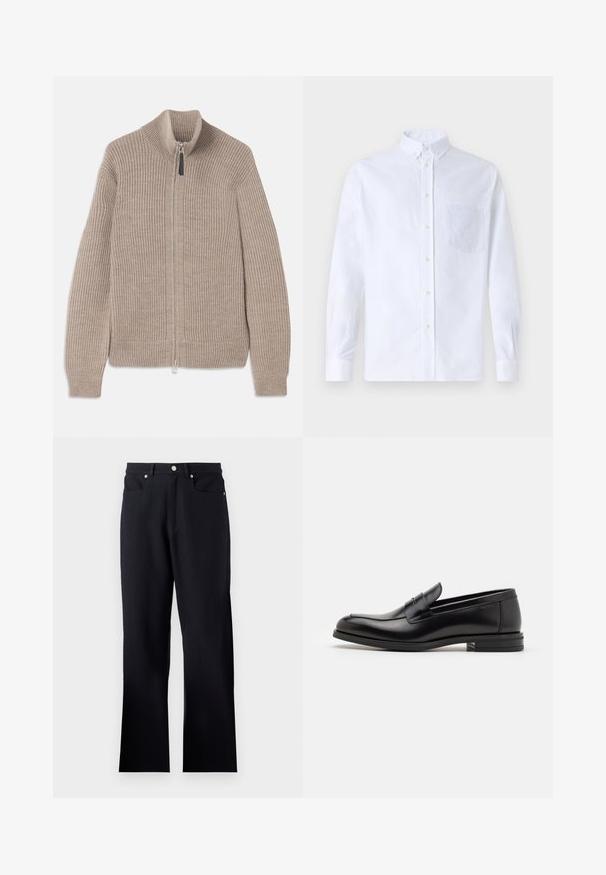 Pull zip en maille beige avec texture côtelée, col haut et manches longues. Doté d'une fermeture éclair métallique et sans motifs supplémentaires.; Chemise blanche à manches longues avec boutons en coton, présentant une poche poitrine avec broderie ton sur ton, un col et des poignets boutonnés.; Pantalons noirs en tissu texturé, avec une taille ajustée, deux poches avant et une coupe droite. Accents en métal argenté inclus.; Mocassins en cuir noir avec une texture lisse, bout rond et une sangle décorative sur le dessus. Talon bas empilé, design minimaliste.