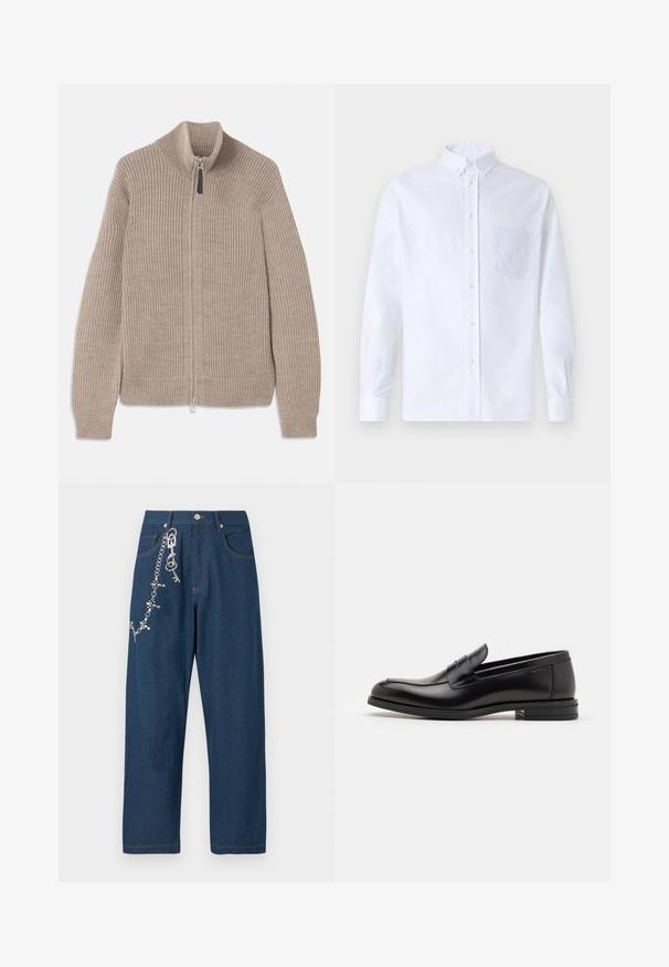 Beige stickad ziptröja med ribbat mönster, hög krage och långa ärmar. Har en metallisk dragkedja och inga ytterligare mönster.; Vit långärmad skjorta med knappar, tillverkad av bomull, med en bröstficka med ton-i-ton broderi, krage och knappmanchetter.; Mörkblå jeans med vida ben, prydda med en kedja med rhinestones fäst på vänster sida, och synlig orange sömnad på fickor och nederkant.; Svarta läderloafers med en slät yta, rund tå och ett dekorativt band över främre delen. Låg staplad klack, minimalistisk design.