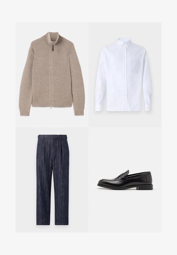 Bež kudumatega tõmblukuga sviitri, millel on ribade struktuur, kõrge krae ja pikad varrukad. Omab metallist tõmblukku ja ei sisalda lisamustreid.; Valge pikamaa varrukatega nööbiga särk, mis on valmistatud puuvillast ja millel on rinna tasku toon-toonis brodeeringuga, krae ja nööbiga mansetid.; Tumed triibulised püksid, millel on kõrge vöökoht, volditud esiosa ja sirge jalgeosa. Valmistatud kerge kangast, millel on peen tekstuur.; Mustad mustad nahast loafers sileda tekstuuriga, ümarat ninaosa ja dekoratiivne riba vampi üle. Madal kihiline konts, minimalistlik disain.