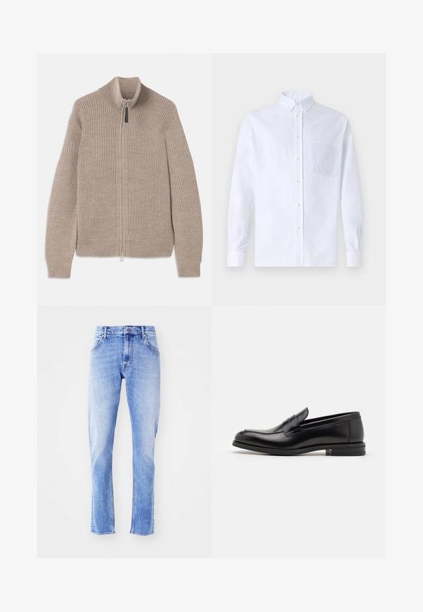 Bežna pletena jopica z zadrgo, ribasto teksturo, visokim ovratnikom in dolgimi rokavi. Ima kovinsko zadrgo in brez dodatnih vzorcev.; Bela dolgo rukava srajca s kragnico, izdelana iz bombaža, z žepom na prsih in toniranimi vezeninami ter gumbi na manšetah.; Svijetloplave traperice ravnog kroja, izrađene od traper materijala. Imaju oblikovane petlje za remen, dizajn s pet džepova i poderane rubove.; Črne usnjene loafer čevlje z gladko teksturo, zaobljenim nosom in dekorativnim trakom čez zgornji del. Nizka zložena peta, minimalističen dizajn.