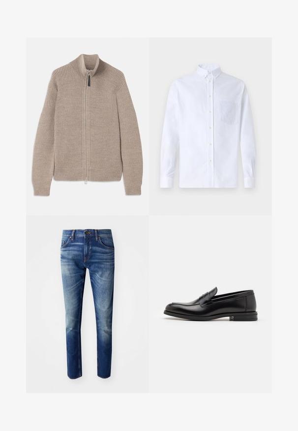 Bežs adīts džemperis ar rāvējslēdzēju, ar ribotu tekstūru, augstu apkakli un garām piedurknēm. Iezīmējas ar metāla rāvējslēdzēju un bez papildu rakstiem.; Balts garo piedurknēm krekliņš ar pogām, izgatavots no kokvilnas, ar krūšu kabatu ar tonālu izšuvumu, apkakli un pogām pie piedurknēm.; Slim fit džinsi, kas izgatavoti no džinsa auduma vidēji tumši zilā tonī. Iekļauj piecas kabatas, pogu aizdari un vieglu izbalējumu gar gurniem.; Melnas ādas kurpes ar gludu tekstūru, noapaļu purngalu un dekoratīvu siksniņu pāri priekšpusei. Zems sakrauts papēdis, minimālisma dizains.
