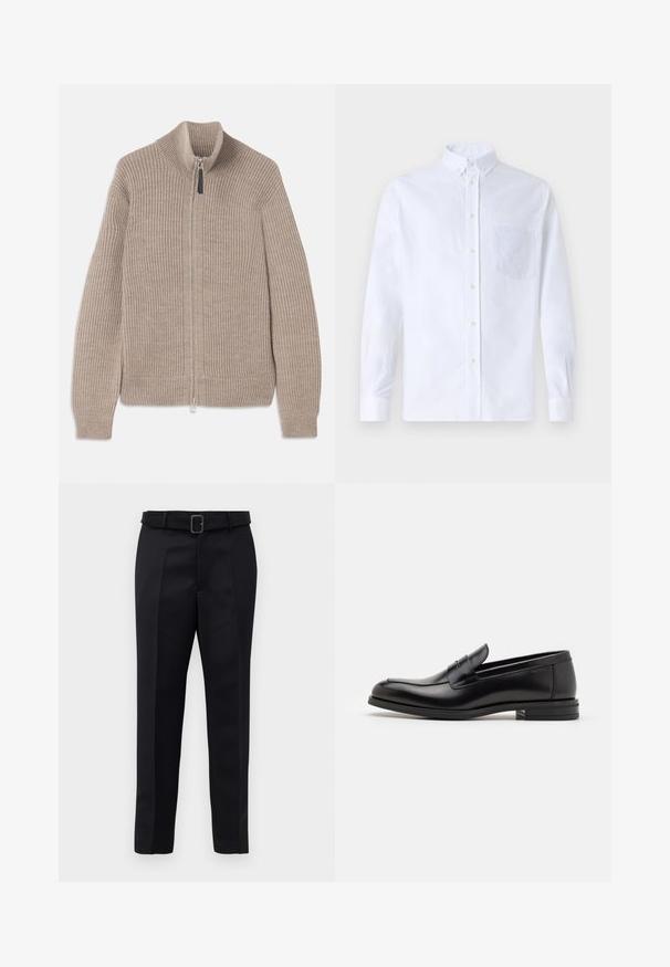 Béžový pletený svetr na zip s žebrovanou strukturou, vysokým límcem a dlouhými rukávy. Obsahuje kovový zip a žádné další vzory.; Bílá dlouhá košile s knoflíky vyrobená z bavlny, která má náprsní kapsu s tónovanou výšivkou, límec a knoflíkové manžety.; Černé oblekové kalhoty mají hladkou tkaninu, rovný střih a pas s opaskem a obdélníkovou sponou. Výrazné přední záhyby zvýrazňují design.; Černé kožené polobotky s hladkou texturou, zaoblenou špičkou a zdobným páskem přes nárt. Nízký stohovaný podpatek, minimalistický design.