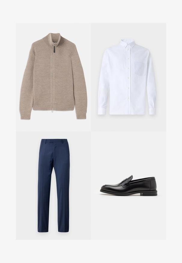 Béžový pletený sveter na zips s ryhovanou textúrou, vysokým golierom a dlhými rukávmi. Má kovový zips a žiadne ďalšie vzory.; Biely dlhý rukáv košeľa s gombíkmi vyrobená z bavlny, s náprsného vrecka s tonálnou výšivkou, golierom a gombíkovými manžetami.; Pánske tmavomodré elegantné nohavice so slučkami na opasok a predným zapínaním, vystavené na bielom pozadí.; Čierne kožené mokasíny s hladkou textúrou, zaoblenou špičkou a dekoračným pásikom cez priehlavok. Nízky vrstvený opätok, minimalistický dizajn.