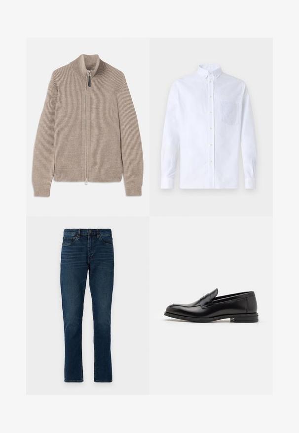 Maglione beige in maglia con zip, texture a coste, colletto alto e maniche lunghe. Presenta una zip metallica e nessun motivo aggiuntivo.; Camicia bianca a maniche lunghe con bottoni, realizzata in cotone, caratterizzata da una tasca sul petto con ricamo tonale, colletto e polsini con bottoni.; Jeans in denim blu scuro con taglio dritto, cinque tasche, passanti per cintura e dettagli di leggero sbiadimento. Cuciture a punto e chiusura con bottone.; Mocassini neri in pelle con una texture liscia, punta arrotondata e una striscia decorativa sulla tomaia. Tacco basso impilato, design minimalista.