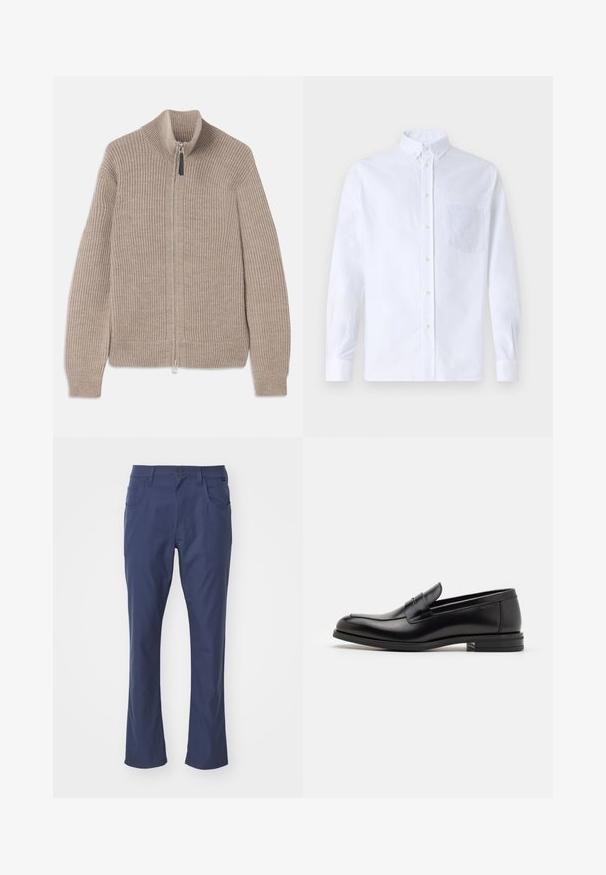 Beige strikket zip-up sweater med ribbet tekstur, høj krave og lange ærmer. Har en metallisk lynlås og ingen yderligere mønstre.; Hvid langærmet skjorte med knapper lavet af bomuld, med en brystlomme med tonal broderi, krave og knapmanchetter.; Marineblå bukser lavet af et glat stof, med en klassisk pasform, for-lommer, knaplukning og lige ben.; Sorte læderloafers med en glat overflade, rund tå og en dekorativ strop over vampen. Lav hæl med stabeldesign, minimalistisk stil.