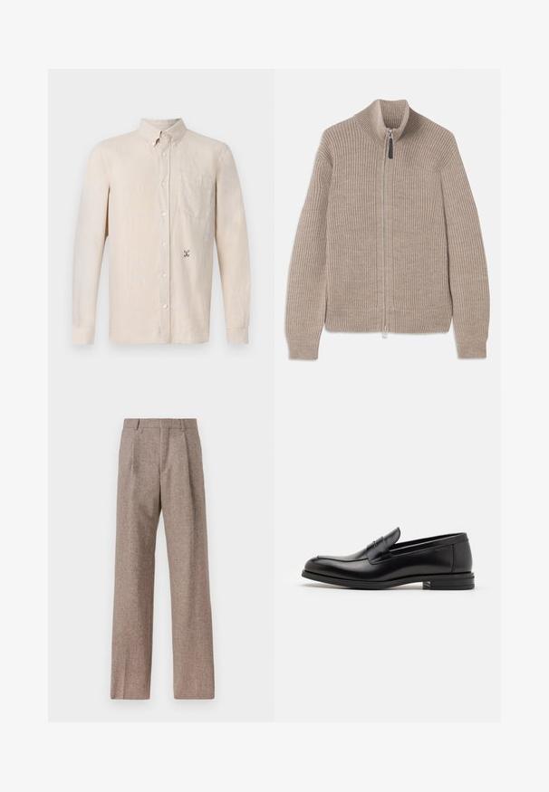 Beige knitted zip-up sweater with ribbed texture, high collar, and long sleeves. Features a metallic zipper and no additional patterns.; Light beige long-sleeve shirt with a collared neck, button-down front, single chest pocket, and subtle embroidered design on the left side.; Brown, high-waisted trousers made of textured fabric. Features wide legs and two front pleats for structure. Neat finish with no visible hardware.; Black leather loafers with a smooth texture, rounded toe, and a decorative strap across the vamp. Low stacked heel, minimalist design.