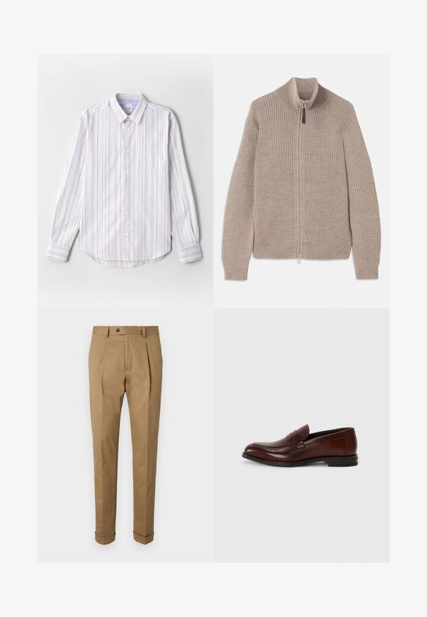 Beige gebreide zip-up trui met geribbelde textuur, hoge kraag en lange mouwen. Voorzien van een metalen rits en zonder extra patronen.; Lichtgewicht blouse met verticale strepen in wit, blauw en rood. Heeft een klassieke kraag en lange mouwen, afgeronde zoom.; Khaki broek met een getailleerde pasvorm, met plooien, een knoopsluiting, riemlussen en opgerolde manchetten. Gemaakt van een gladde, duurzame stof.; Bruine leren instappers met een ronde neus, een detail met een bandje aan de voorkant en een lage gestapelde hak. Glad textuur met minimale decoratieve accenten.