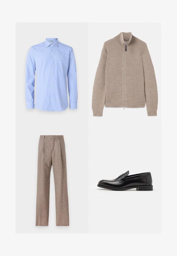 Beige strikket zip-up sweater med ribbet tekstur, høj krave og lange ærmer. Har en metallisk lynlås og ingen yderligere mønstre.; Stribet skjorte med lodrette lyseblå og hvide striber, skjortekrave, lange ærmer og lille logo på brystet.; Brune, højtaljede bukser lavet af tekstureret stof. Har brede ben og to frontfoldninger for struktur. Pæn finish uden synlig hardware.; Sorte læderloafers med en glat overflade, rund tå og en dekorativ strop over vampen. Lav hæl med stabeldesign, minimalistisk stil.