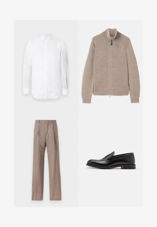 Pull zip en maille beige avec texture côtelée, col haut et manches longues. Doté d'une fermeture éclair métallique et sans motifs supplémentaires.; Chemise blanche en lin à manches longues avec un col pointu, une fermeture éclair sur le devant et un ourlet incurvé, présentant une surface légèrement texturée.; Pantalons marron taille haute en tissu texturé. Présente des jambes larges et deux plis avant pour la structure. Finition soignée sans matériel visible.; Mocassins en cuir noir avec une texture lisse, bout rond et une sangle décorative sur le dessus. Talon bas empilé, design minimaliste.