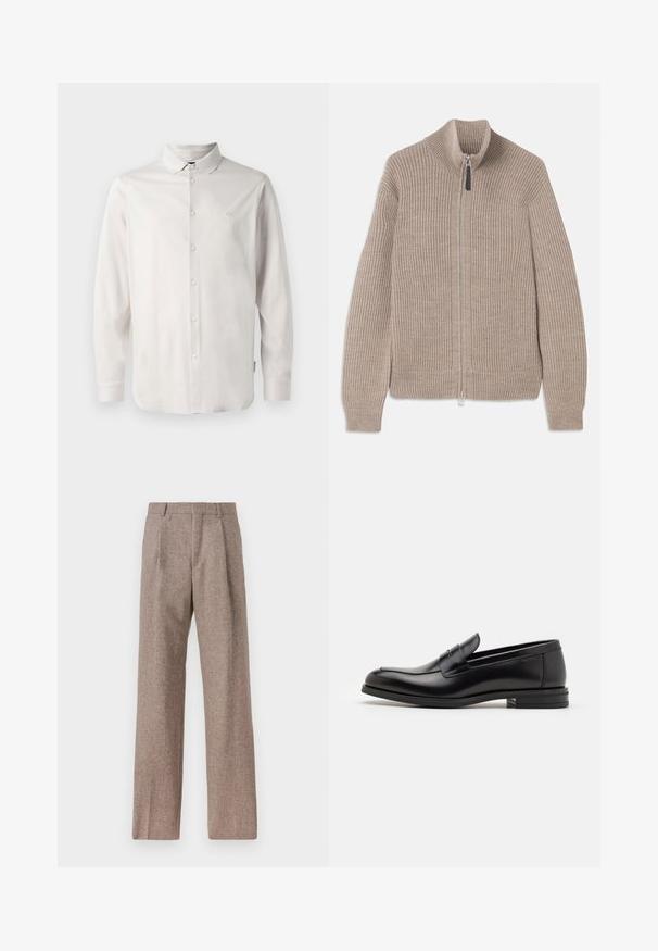 Beige stickad ziptröja med ribbat mönster, hög krage och långa ärmar. Har en metallisk dragkedja och inga ytterligare mönster.; Vit skjorta med långa ärmar, knappar och krage, med en diskret broderad "A|X"-logotyp på vänster bröst.; Bruna, högmidjade byxor i texturerat tyg. Har vida ben och två framvikningar för struktur. Välavslutad utan synlig hårdvara.; Svarta läderloafers med en slät yta, rund tå och ett dekorativt band över främre delen. Låg staplad klack, minimalistisk design.