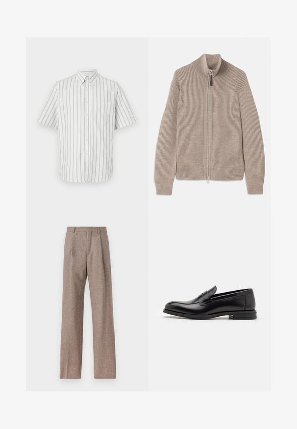 Bež kudumatega tõmblukuga sviitri, millel on ribade struktuur, kõrge krae ja pikad varrukad. Omab metallist tõmblukku ja ei sisalda lisamustreid.; Lühikeste varrukatega valge nööbiga särk tumehallide vertikaalsete triipudega, millel on vasakul rinnal tasku ja tavaline kraedisain.; Prunnid, kõrge vöökohaga püksid, mis on valmistatud tekstureeritud kangast. Omavad laiu jalgu ja kahte eesmist voldikut struktuuri jaoks. Korralik viimistlus, ilma nähtava riistvarata.; Mustad mustad nahast loafers sileda tekstuuriga, ümarat ninaosa ja dekoratiivne riba vampi üle. Madal kihiline konts, minimalistlik disain.