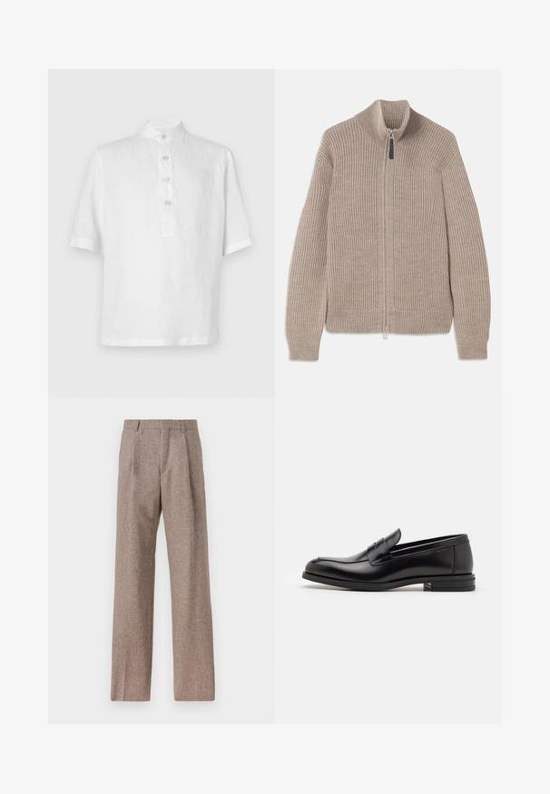 Beige gebreide zip-up trui met geribbelde textuur, hoge kraag en lange mouwen. Voorzien van een metalen rits en zonder extra patronen.; Wit polo-shirt met korte mouwen, gemaakt van linnen. Bevat een knoopsluiting, een traditionele kraag en een ontspannen pasvorm. Zachte, lichte textuur.; Bruine, hooggewaisted broeken van een gestructureerde stof. Heeft wijde benen en twee voorplooien voor extra structuur. Net afgewerkt zonder zichtbare hardware.; Zwarte leren instappers met een gladde textuur, ronde neus en een decoratieve band over de wreef. Lage, gestapelde hak en minimalistisch ontwerp.