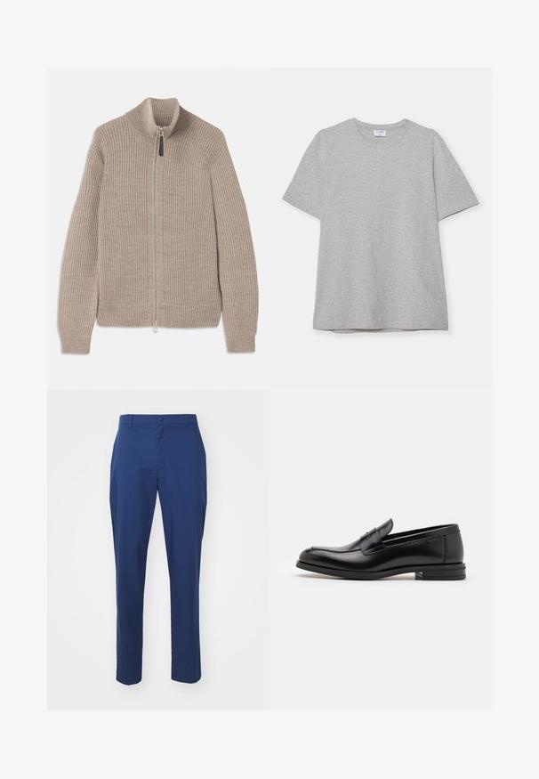 Beige kötött zipzáras pulóver bordás textúrával, magas nyakkal és hosszú ujjal. Fémzipzárral rendelkezik, és nincs rajta további minta.; Szürke, rövid ujjú póló, puha, texturált anyagból készült. Klasszikus környakú és egyenes fazonú, alkalmas hétköznapi viseletre.; Tengerészkék chino nadrág, sima anyagból készült, gombos zárással, övbújtatókkal és keskeny fazonnal. Minimalista design, minta nélkül.; Fekete bőr loaferek sima textúrával, kerek orral és dekoratív pánttal a vampnál. Alacsony, rétegelt sarkú, minimalista dizájn.
