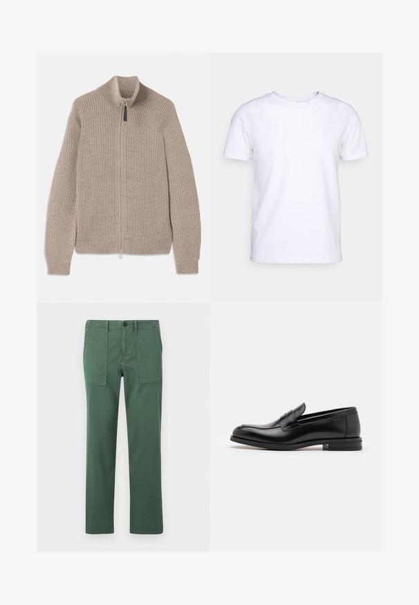 Pulover bej tricotat cu fermoar, cu textură ribbed, guler înalt și mâneci lungi. Prezintă un fermoar metalic și fără modele suplimentare.; Tricou alb cu mânecă scurtă din material de bumbac, cu guler rotund. Design simplu, fără tipare sau accente. Textură netedă.; Pantaloni din bumbac verde cu un design drept, având două buzunare frontale și închidere cu nasture. Textură netedă și stil casual.; Mocasini din piele neagră cu o textură netedă, vârf rotund și o curea decorativă peste partea superioară. Toc mic, design minimalist.