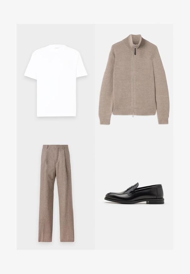 Beige gebreide zip-up trui met geribbelde textuur, hoge kraag en lange mouwen. Voorzien van een metalen rits en zonder extra patronen.; Witte katoenen t-shirt met een ronde hals, korte mouwen en een relaxte pasvorm. Gladde textuur, minimale details en geen patronen of graphics.; Bruine, hooggewaisted broeken van een gestructureerde stof. Heeft wijde benen en twee voorplooien voor extra structuur. Net afgewerkt zonder zichtbare hardware.; Zwarte leren instappers met een gladde textuur, ronde neus en een decoratieve band over de wreef. Lage, gestapelde hak en minimalistisch ontwerp.