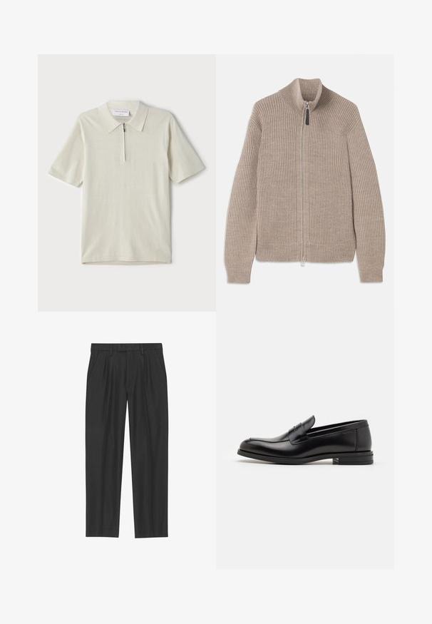 Beige gebreide zip-up trui met geribbelde textuur, hoge kraag en lange mouwen. Voorzien van een metalen rits en zonder extra patronen.; Korte mouwen polo in lichtbeige met een ritskraag. Gemaakt van gladde stof, voorzien van een eenvoudig, modern ontwerp zonder patronen.; Zwarte geplisseerde broeken van een soepele stof; voorzien van een tailleband met riemlussen en een recht gesneden pijp. Minimalistisch ontwerp zonder patronen.; Zwarte leren instappers met een gladde textuur, ronde neus en een decoratieve band over de wreef. Lage, gestapelde hak en minimalistisch ontwerp.