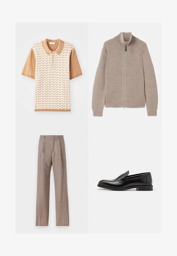 Beige neulevetokki, jossa on ribattu pinta, korkea kaulus ja pitkät hihat. Varustettu metallivetoketjulla eikä muita kuvioita.; Lyhyitä hihoja omaava polo-paita, jossa on beige tekstuurikuvio, vaaleanruskea kaulus ja hihansuut. Paidassa on kolme nappeja ja geometrisia kuvioita.; Ruskejat, korkeavyötäröiset housut, jotka on valmistettu teksturoidusta kankaasta. Ominaisuuksina ovat leveät lahkeet ja kaksi etupuolelle ommeltua laskosta rakenteen tukemiseksi. Siisti viimeistely ilman näkyvää metalliosaa.; Mustat nahkakengät, joissa on sileä pinta, pyöreä kärki ja koristeellinen nauha jalkapöydän yli. Matala pinoitu koroke, minimalistinen muotoilu.