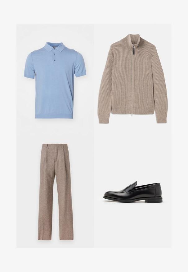 Sweater bege tricotado com fecho éclair, textura canelada, gola alta e mangas longas. Apresenta um fecho metálico e sem padrões adicionais.; Polo azul claro feito de um tecido de malha suave, com colarinho, três botões e mangas curtas. Sem padrões ou detalhes visíveis.; Calças castanhas de cintura alta feitas de tecido texturado. Apresentam pernas largas e duas pregas frontais para estrutura. Acabamento cuidadoso sem hardware visível.; Mocassins de couro preto com uma textura suave, bico arredondado e uma faixa decorativa sobre o peito do pé. Salto baixo e empilhado, design minimalista.