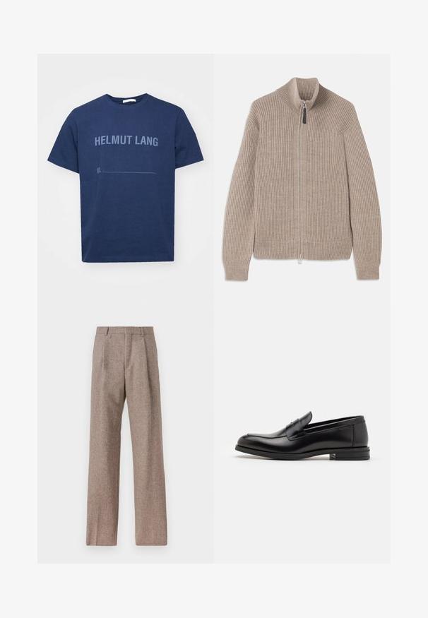Pulover bej tricotat cu fermoar, cu textură ribbed, guler înalt și mâneci lungi. Prezintă un fermoar metalic și fără modele suplimentare.; Tricou din bumbac de culoare albastru marin, cu mâneci scurte, având imprimat textul "HELMUT LANG" în nuanță mai deschisă de albastru și o linie goală dedesubt.; Pantaloni bej, cu talie înaltă, dintr-un material texturat. Prezintă picioare late și două pliseuri frontale pentru structură. Finisaj îngrijit, fără accesorii vizibile.; Mocasini din piele neagră cu o textură netedă, vârf rotund și o curea decorativă peste partea superioară. Toc mic, design minimalist.