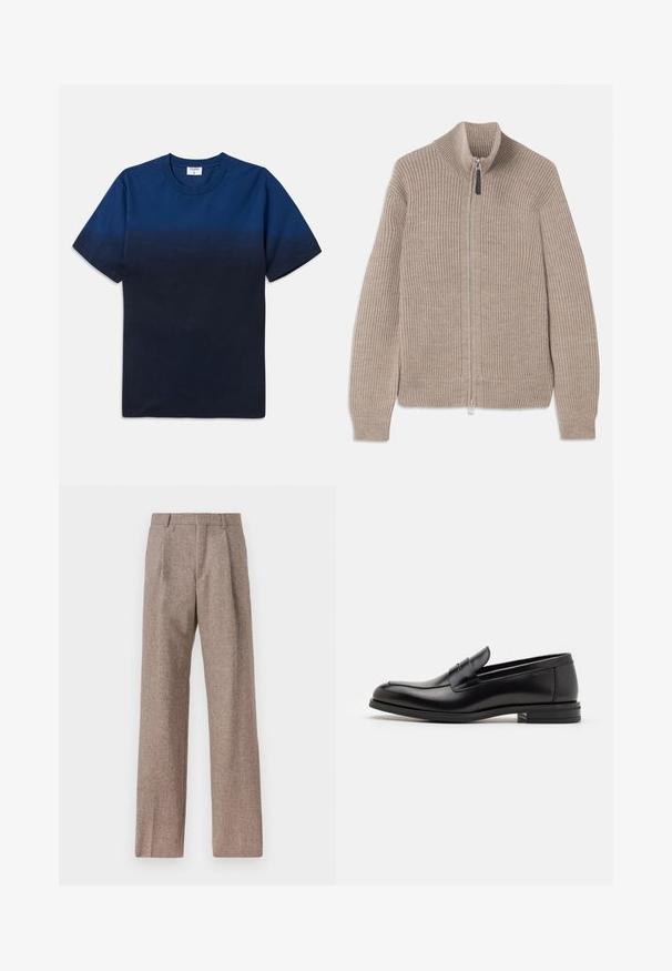 Sweater bege tricotado com fecho éclair, textura canelada, gola alta e mangas longas. Apresenta um fecho metálico e sem padrões adicionais.; T-shirt de algodão azul marinho com decote redondo, mangas curtas e um design de gradiente subtil que vai de tons mais claros para mais escuros.; Calças castanhas de cintura alta feitas de tecido texturado. Apresentam pernas largas e duas pregas frontais para estrutura. Acabamento cuidadoso sem hardware visível.; Mocassins de couro preto com uma textura suave, bico arredondado e uma faixa decorativa sobre o peito do pé. Salto baixo e empilhado, design minimalista.