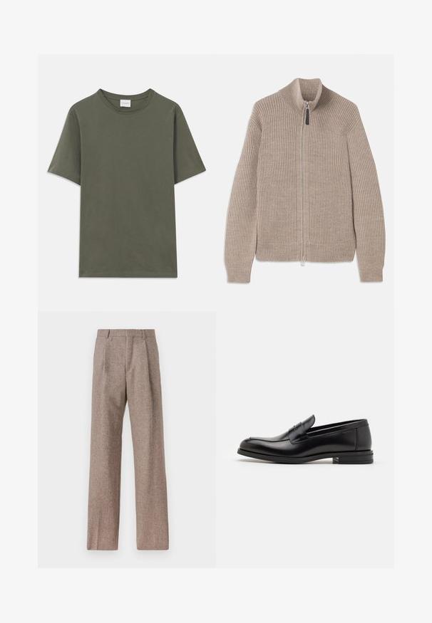 Sweater bege tricotado com fecho éclair, textura canelada, gola alta e mangas longas. Apresenta um fecho metálico e sem padrões adicionais.; T-shirt de manga curta em verde-oliva escuro, de corte reto, com uma pequena etiqueta branca da marca na parte de trás do pescoço.; Calças castanhas de cintura alta feitas de tecido texturado. Apresentam pernas largas e duas pregas frontais para estrutura. Acabamento cuidadoso sem hardware visível.; Mocassins de couro preto com uma textura suave, bico arredondado e uma faixa decorativa sobre o peito do pé. Salto baixo e empilhado, design minimalista.