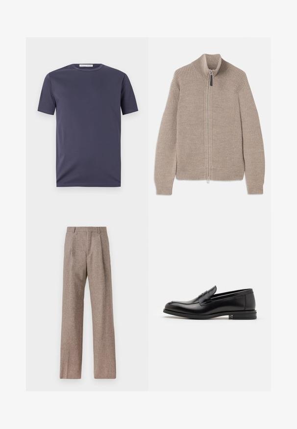 Pulover bej tricotat cu fermoar, cu textură ribbed, guler înalt și mâneci lungi. Prezintă un fermoar metalic și fără modele suplimentare.; Tricou bleu marin cu mânecă scurtă, realizat dintr-un material neted. Are un guler rotund și detalii subtile de cusătură. Design minimalist, fără modele.; Pantaloni bej, cu talie înaltă, dintr-un material texturat. Prezintă picioare late și două pliseuri frontale pentru structură. Finisaj îngrijit, fără accesorii vizibile.; Mocasini din piele neagră cu o textură netedă, vârf rotund și o curea decorativă peste partea superioară. Toc mic, design minimalist.