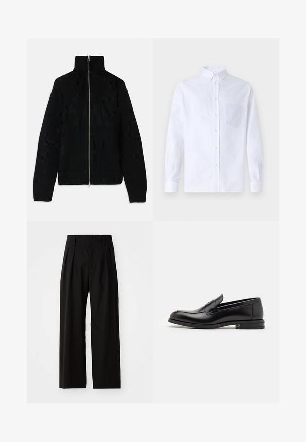 Crni rebrasti pleteni džemper s visokim ovratnikom, punim zatvovanjem sprijeda i uskim manžetama. Teksturalna površina i streamlined oblik.; Bijela košulja s dugim rukavima na dugme, izrađena od pamuka, s džepom na prsima s ton-sur-ton vezom, ovratnikom i dugmadi na manžetama.; Crne široke hlače s glatkom teksturom, sa dva prednja nagiba, zatvaranjem na gumb i bočnim džepovima. Izdržljiv materijal.; Crni kožni mokasini s glatkom teksturom, zaobljenim prstima i ukrasnom trakom preko prednjeg dijela. Niski slojeviti potplat, minimalistički dizajn.