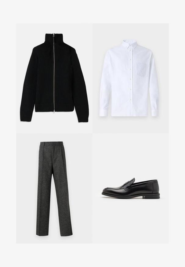 Pull en maille noire à côtes avec col montant, fermeture éclair intégrale à l'avant et poignets ajustés. Surface texturée et forme épurée.; Chemise blanche à manches longues avec boutons en coton, présentant une poche poitrine avec broderie ton sur ton, un col et des poignets boutonnés.; Pantalon gris ajusté en tissu texturé, doté de deux plis sur le devant et d'une coupe droite. Pas de poches visibles ni de décorations.; Mocassins en cuir noir avec une texture lisse, bout rond et une sangle décorative sur le dessus. Talon bas empilé, design minimaliste.