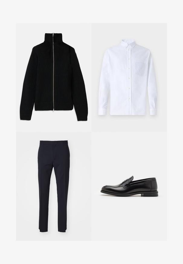 Zwarte geribbelde gebreide trui met hoge kraag, volledige ritssluiting aan de voorkant en aangesloten manchetten. Geperforeerd oppervlak en gestroomlijnde vorm.; Witte lange mouwen overhemd van katoen, met een borstzak met tonale borduring, een kraag en knopenmanchetten.; Navy gepersonaliseerde broek gemaakt van geweven stof, met een platte voorkant, riemlussen en rechte pijpen. Geen zichtbare patronen of hardware.; Zwarte leren instappers met een gladde textuur, ronde neus en een decoratieve band over de wreef. Lage, gestapelde hak en minimalistisch ontwerp.