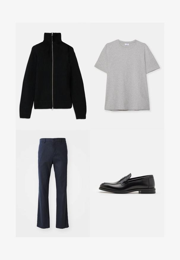 Fekete bordás kötött pulóver magas nyakkal, teljes cipzárral az elején és testhezálló mandzsettákkal. Texturált felület és letisztult forma.; Szürke, rövid ujjú póló, puha, texturált anyagból készült. Klasszikus környakú és egyenes fazonú, alkalmas hétköznapi viseletre.; Tengerész kék, könnyű anyagból készült, bő szabású nadrág, egy gombos záródással és elülső zsebekkel, sima textúrával.; Fekete bőr loaferek sima textúrával, kerek orral és dekoratív pánttal a vampnál. Alacsony, rétegelt sarkú, minimalista dizájn.