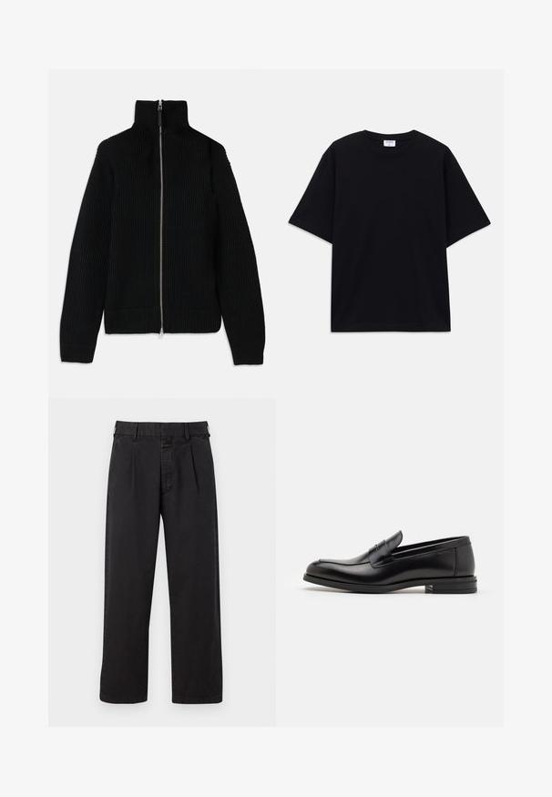 Črn rebrast pleten pulover z visokim ovratnikom, popolnim zadrgo na sprednji strani in prilegajočimi manšetami. Tekstura na površini in poenostavljen oblikovni rez.; Črno kratkotrajno široko T-shirt s krožnim izrezom in vidno blagovno znamko Filippa K znotraj ovratnika.; Črne bombažne hlače ravnega kroja, z nabiranjem spredaj, z zankami za pas in gumbom za zapiranje. Gladka tekstura brez vzorcev.; Črne usnjene loafer čevlje z gladko teksturo, zaobljenim nosom in dekorativnim trakom čez zgornji del. Nizka zložena peta, minimalističen dizajn.