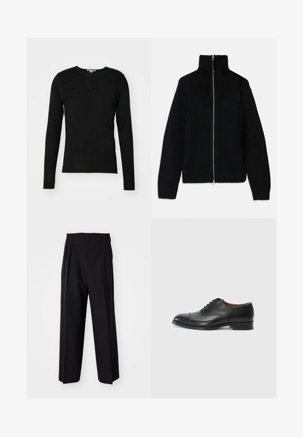 Juodas raukšlėtas megztinis su aukštu apykakle, pilnu užtrauktuku priekyje ir prigludusiomis rankovėmis. Tekstūruotas paviršius ir sraigtinio silueto formos.; Tiger of Sweden JASPAH - Ilgarankovis viršutinės dalies drabužis - black; Juodi klostuoti kelnių, su tiesiu, plačiu kojų dizainu. Pagaminti iš lygios medžiagos, su mygtukų uždarymu ir diržo kilputėmis.; Juodas odinis batelis su lygiu paviršiumi, apvaliu priekiniu galu, penkiomis skylutėmis raištams ir žemu blokiniu kulnu. Minimalistinis dizainas su subtiliomis siūlėmis.