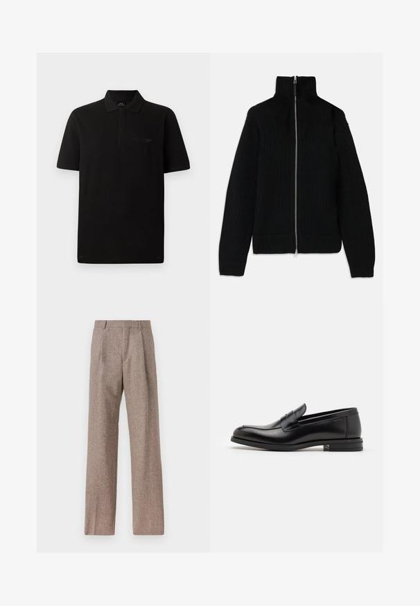 Μαύρο πλεκτό πουλόβερ με ριπ, ψηλό γιακά, πλήρη φερμουάρ μπροστά και εφαρμοστά μανίκια. Υφή επιφάνειας και ρέουσα γραμμή.; Μαύρο βαμβακερό πόλο μπλουζάκι με κοντά μανίκια, τριών κουμπιών και λεπτό κεντημένο λογότυπο στο αριστερό στήθος. Λείο υλικό.; Καφέ παντελόνι με ψηλή μέση από υφαντό ύφασμα. Διαθέτει φαρδιές καβάτζες και δύο μανίκια μπροστά για δομή. Καθαρή φινίρισμα χωρίς ορατό εξοπλισμό.; Μαύρες δερμάτινες μπαλαρίνες με λεία υφή, στρογγυλή μύτη και διακοσμητική ταινία πάνω από το επάνω μέρος. Χαμηλός καπιτώνας, μινιμαλιστικός σχεδιασμός.