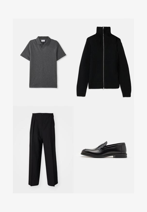 Črn rebrast pleten pulover z visokim ovratnikom, popolnim zadrgo na sprednji strani in prilegajočimi manšetami. Tekstura na površini in poenostavljen oblikovni rez.; Polo majica kratak rukav u boji ugljevito sive, sa ovratnikom i bez vidljivih dugmadi, položena ravno na beloj pozadini.; Črne nabirane hlače s ravnim, širokim krojem. Narejene so iz gladkega materiala in imajo zadrgo ter pasne zanke.; Črne usnjene loafer čevlje z gladko teksturo, zaobljenim nosom in dekorativnim trakom čez zgornji del. Nizka zložena peta, minimalističen dizajn.