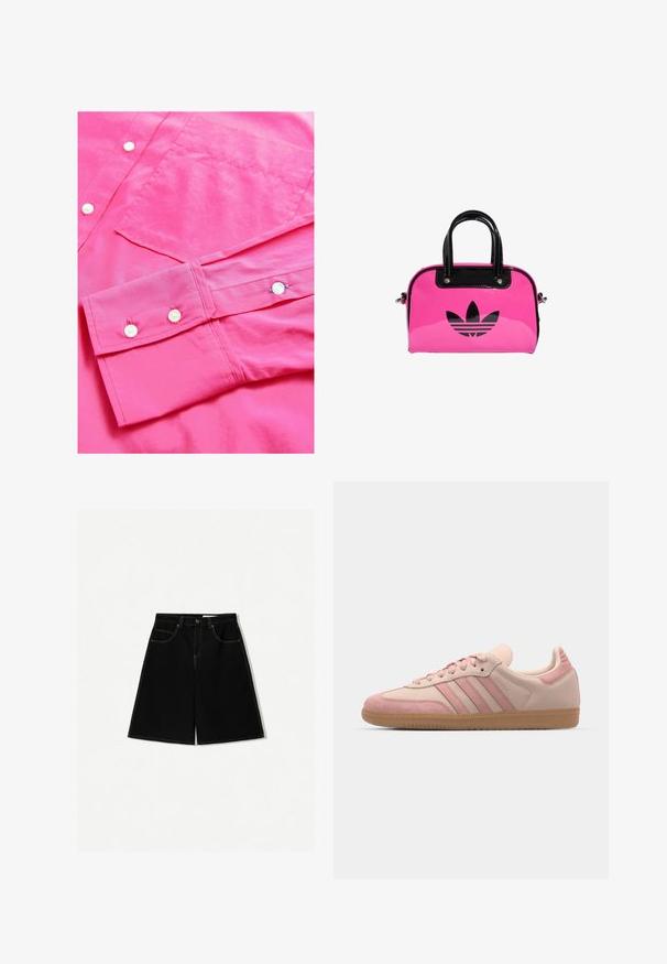Roze zip-up hoodie van katoen, met een trekkoordkap, twee voorzakken en een klein logo op de borst. Soepele textuur.; Helderroze longsleeve shirt met een soepele textuur, voorzien van knoopsluitingen en een borstzak. Inclusief opgerolde mouwen met knoopdetails.; Zwarte denim shorts met een losse pasvorm, uitgerust met vijf zakken, gele stikselaccenten en een midi-heup ontwerp.; adidas Originals SAMBA OG - Sneakers laag - quartz/mauve; Roze gepatineerde handtas met een zwart logo en handvatten, met een ronde vorm en ritssluiting. Glanzende textuur verhoogt de zichtbaarheid.