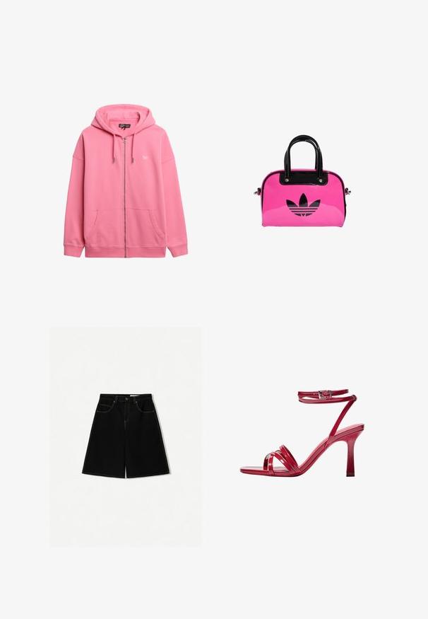 Różowa bluza z kapturem zapinana na zamek, wykonana z bawełny, z kapturem na sznurki, dwiema kieszeniami z przodu i małym logo na piersi. Gładka tekstura.; Biała bluzka na halter wykonana z miękkiego materiału, z napisem z diamencików "Juicy" na froncie. Wiązana na szyi, co pozwala na regulację dopasowania.; Czarne szorty dżinsowe o luźnym kroju, z pięcioma kieszeniami, żółtymi przeszyciami i średnim stanem.; Czerwone lakierowane sandały na wysokim obcasie z paskowym wzorem, wyposażone w pojedynczy zamek na kostce i zwężany obcas dla stabilności.; Różowa torebka patentowa z czarnym logo i uchwytami, o zaokrąglonym kształcie i zamknięciu na zamek. Lśniąca tekstura zwiększa widoczność.