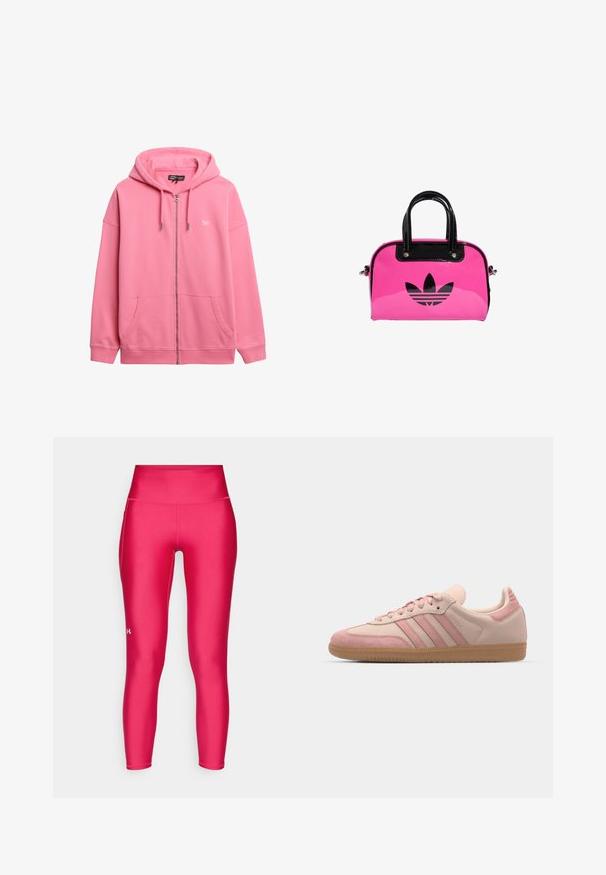 Pink zip-up hoodie made of cotton, featuring a drawstring hood, two front pockets, and a small logo on the chest. Smooth texture.; White halter top made of soft fabric, featuring rhinestone text "Juicy" across the front. Ties at the neck for adjustable fit.; Fitted leggings in bright pink, made of smooth, stretchy fabric. Features a high waistband and a small logo in white on the lower leg.; adidas Originals SAMBA OG - Trainers - quartz/mauve; Pink patent handbag with a black logo and handles, featuring a rounded shape and zipper closure. Glossy texture enhances visibility.