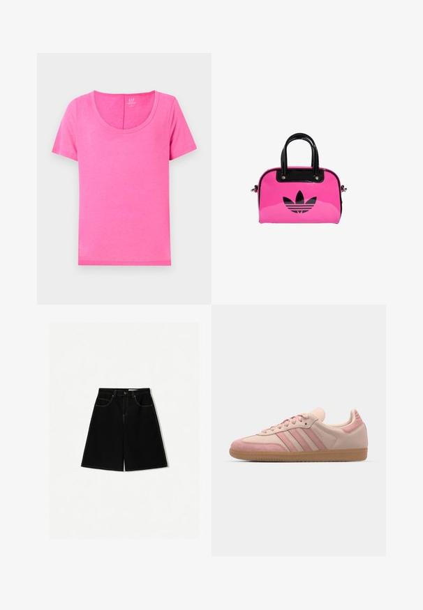 Lyserød zip-up hættetrøje lavet af bomuld, med snøre hætte, to frontlommer og et lille logo på brystet. Glat tekstur.; Lyserød bomulds T-shirt med rund hals og korte ærmer. Har en glat overflade og lige snit, velegnet til afslappet brug.; Sorte denimshorts med løs pasform, der har fem lommer, gule stikninger og en mid-rise talje.; adidas Originals SAMBA OG - Sneakers - quartz/mauve; Lyserød patentlæder håndtaske med et sort logo og håndtag, der har en rund form og lynlåslukning. Den glatte tekstur øger synligheden.
