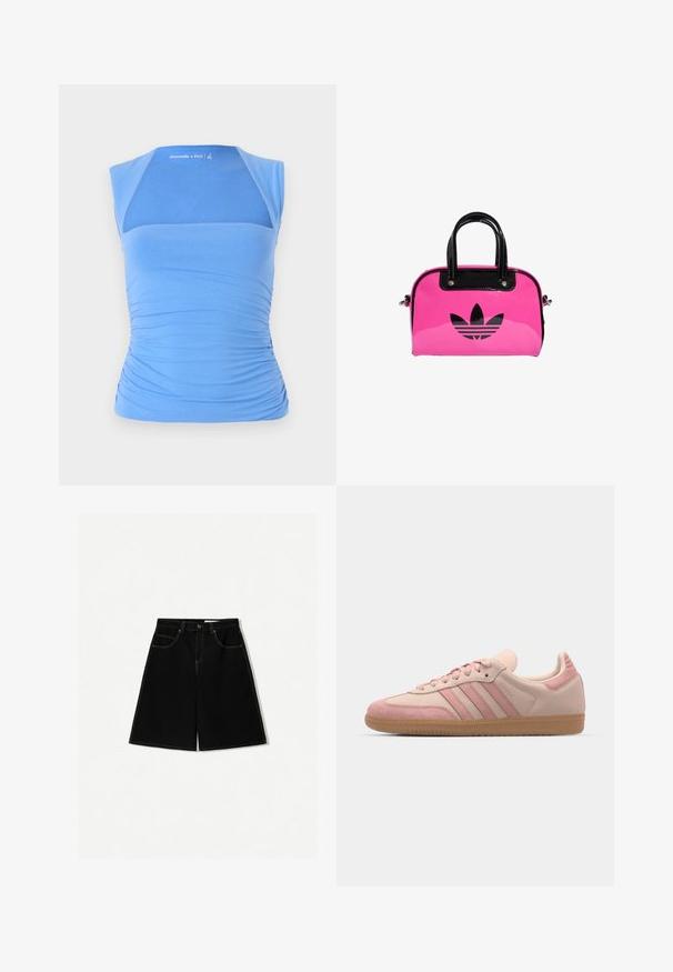 Pink zip-up hoodie made of cotton, featuring a drawstring hood, two front pockets, and a small logo on the chest. Smooth texture.; Blue, sleeveless top made of stretchy fabric with gathered sides for texture. Features a mesh panel on the front, smooth neckline, and logo detail.; Black denim shorts with a loose fit, featuring five pockets, yellow stitching accents, and a mid-rise waist design.; adidas Originals SAMBA OG - Trainers - quartz/mauve; Pink patent handbag with a black logo and handles, featuring a rounded shape and zipper closure. Glossy texture enhances visibility.