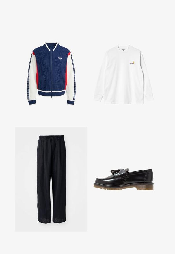 Mørkeblå, hvid og rød strikket jakke med lynlås, kabelmønster, ribbet krave og manchetter samt Adidas-logo på brystet.; Langærmet hvid bomulds T-shirt med rund hals, prydet med et lille gult og burgunder logo på venstre bryst. Uden sømme ved ærmerne og kanten.; Sorte linned brede bukser med snoreliv og afslappet pasform. Glat tekstur, ingen synlige mønstre eller hardware detaljer.; Sorte patenterede læderslippers med et fletdesign, frynsedetalje og en kraftig, struktureret gummisål. Sidevinkel viser den slanke silhuet.