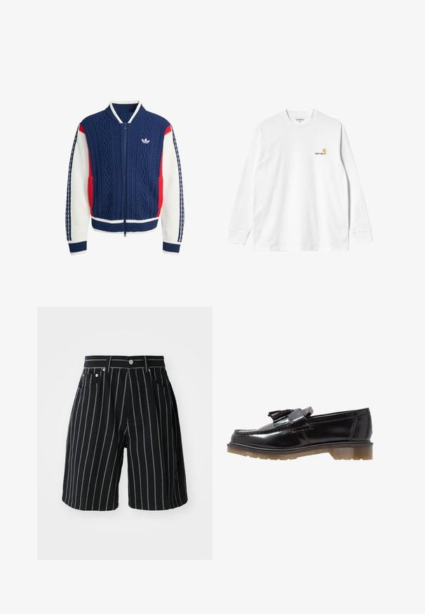 Navy blue, white, and red knitted zip-up jacket with cable pattern, ribbed collar, cuffs, and Adidas logo on the chest.; Long-sleeve white cotton T-shirt with a crew neck, featuring a small yellow and burgundy logo on the left chest. Seamless cuffs and hem.; Black striped shorts made of cotton, featuring contrasting white vertical stripes, a button closure, and front pockets.; Black patent leather loafers with a braided design, tassel accent, and a chunky, textured rubber sole. Side view showcases sleek silhouette.