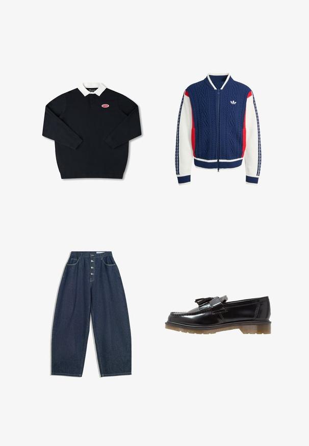 Námořnická modrá, bílá a červená pletená bunda na zip s kabelovým vzorem, žebrovaným límcem a manžetami a logem Adidas na hrudi.; Černá polo košile s dlouhým rukávem a bílým límečkem, na levé straně s vyšitým červeným logem. Bavlněný materiál s hladkou texturou.; Tmavě modré denimové kalhoty s širokými nohavicemi, vysokým pasem, zapínáním na pět knoflíků a pěti kapsami. Obsahují švy s vypracovanými detaily.; Černé lakované kožené mokasíny s pleteným vzorem, ozdobou s třásněmi a robustní, texturovanou gumovou podrážkou. Boční pohled ukazuje elegantní siluetu.