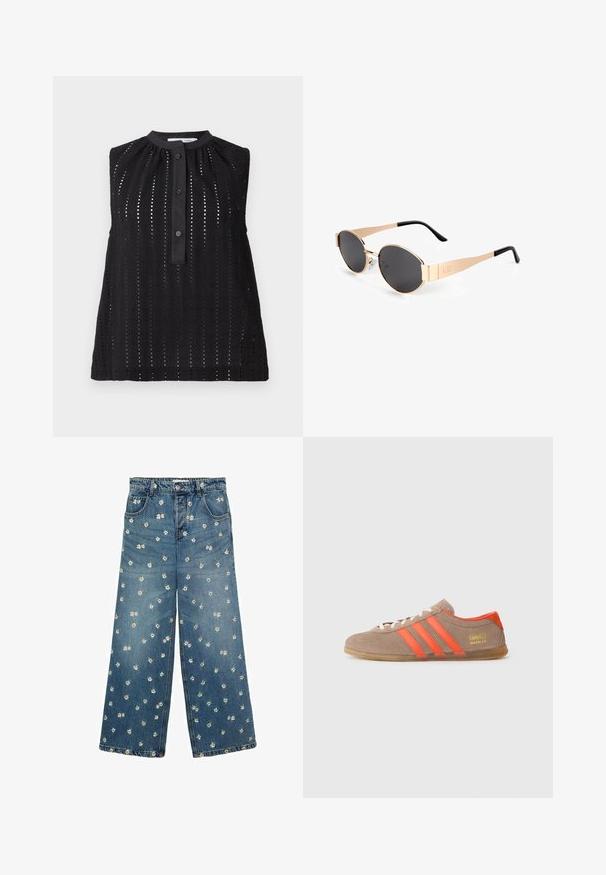 Cardigan crema a motivo herringbone con maniche corte, dotato di chiusure con bottoni dorati. Indossato sopra una camicia a righe e pantaloni beige.; Top senza maniche nero con collo alto, caratterizzato da ritagli verticali, una chiusura con bottoni e un orlo leggermente svasato.; Jeans a gamba larga in denim blu con un motivo di ricamo floreale e piccole margherite sparse su tutta la stoffa.; Sneaker in suede marrone con tre strisce arancioni vivaci, lacci frontali e marchio dorato "Gazelle" sul lato. Suola piatta in gomma.; Occhiali da sole ovali color oro con lenti scure, caratterizzati da un design elegante, aste sottili e un accento nero all'asta. Modello numero L37.