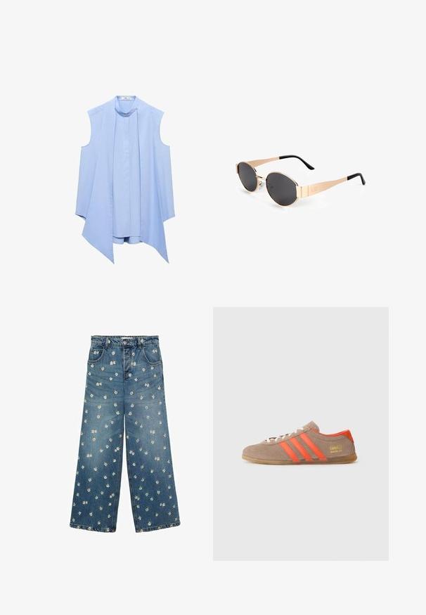Crème cardigan met een visgraatpatroon en korte mouwen, voorzien van gouden knopen. Draagt over een gestreept shirt en beigekleurige broek.; Lichtblauwe mouwloze blouse met een hoge kraag, voorzien van een geplooide voorkant en een vloeiende, asymmetrische zoom. Glad stofoppervlak.; Blauwe spijkerbroek met wijde pijpen, versierd met een bloemenborduursel met kleine madeliefjes verspreid over de stof.; Bruine suède sneaker met drie feloranje strepen, vetersluiting aan de voorkant en gouden "Gazelle" branding aan de zijkant. Platte gumzool.; Gouden ovale zonnebril met donkere lenzen, met een slank ontwerp, dunne armen en een zwarte accent bij de slaap. Modelnummer L37.