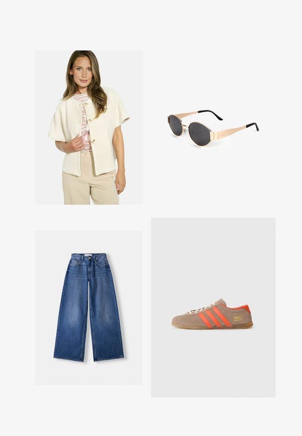 Cardigan crème à motif chevron avec des manches courtes, présentant des fermetures à boutons dorés. Porté sur une chemise rayée et un pantalon beige.; Top sans manches blanc avec bretelles réglables, design ajusté, texture de tissu lisse et encolure ronde. Aucun motif ni détail matériel.; Bershka WIDE-LEG - Wide Leg - dark blue; Baskets en suedine marron avec trois rayures orange vif, lacets à l'avant et marquage doré "Gazelle" sur le côté. Semelle plate en gomme.; Lunettes de soleil ovales dorées avec des verres sombres, présentant un design élégant, des branches fines et un accent noir au niveau de la tempête. Numéro de modèle L37.