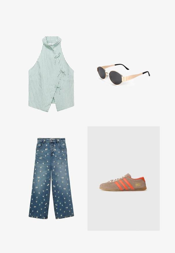 Crème cardigan met een visgraatpatroon en korte mouwen, voorzien van gouden knopen. Draagt over een gestreept shirt en beigekleurige broek.; Lichtgroene mouwloze vest met marineblauwe verticale strepen, een mandarin kraag en drie strikjes aan de voorkant. Zachte stof met een gladde textuur.; Blauwe spijkerbroek met wijde pijpen, versierd met een bloemenborduursel met kleine madeliefjes verspreid over de stof.; Bruine suède sneaker met drie feloranje strepen, vetersluiting aan de voorkant en gouden "Gazelle" branding aan de zijkant. Platte gumzool.; Gouden ovale zonnebril met donkere lenzen, met een slank ontwerp, dunne armen en een zwarte accent bij de slaap. Modelnummer L37.