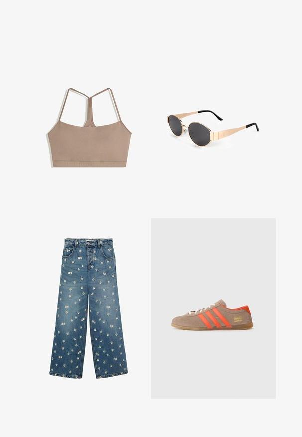 Crème cardigan met een visgraatpatroon en korte mouwen, voorzien van gouden knopen. Draagt over een gestreept shirt en beigekleurige broek.; Beha in een gedempte bruine kleur met een gladde textuur, voorzien van verstelbare spaghettibandjes en een vierkante halslijn, zonder zichtbare sluitingen.; Blauwe spijkerbroek met wijde pijpen, versierd met een bloemenborduursel met kleine madeliefjes verspreid over de stof.; Bruine suède sneaker met drie feloranje strepen, vetersluiting aan de voorkant en gouden "Gazelle" branding aan de zijkant. Platte gumzool.; Gouden ovale zonnebril met donkere lenzen, met een slank ontwerp, dunne armen en een zwarte accent bij de slaap. Modelnummer L37.